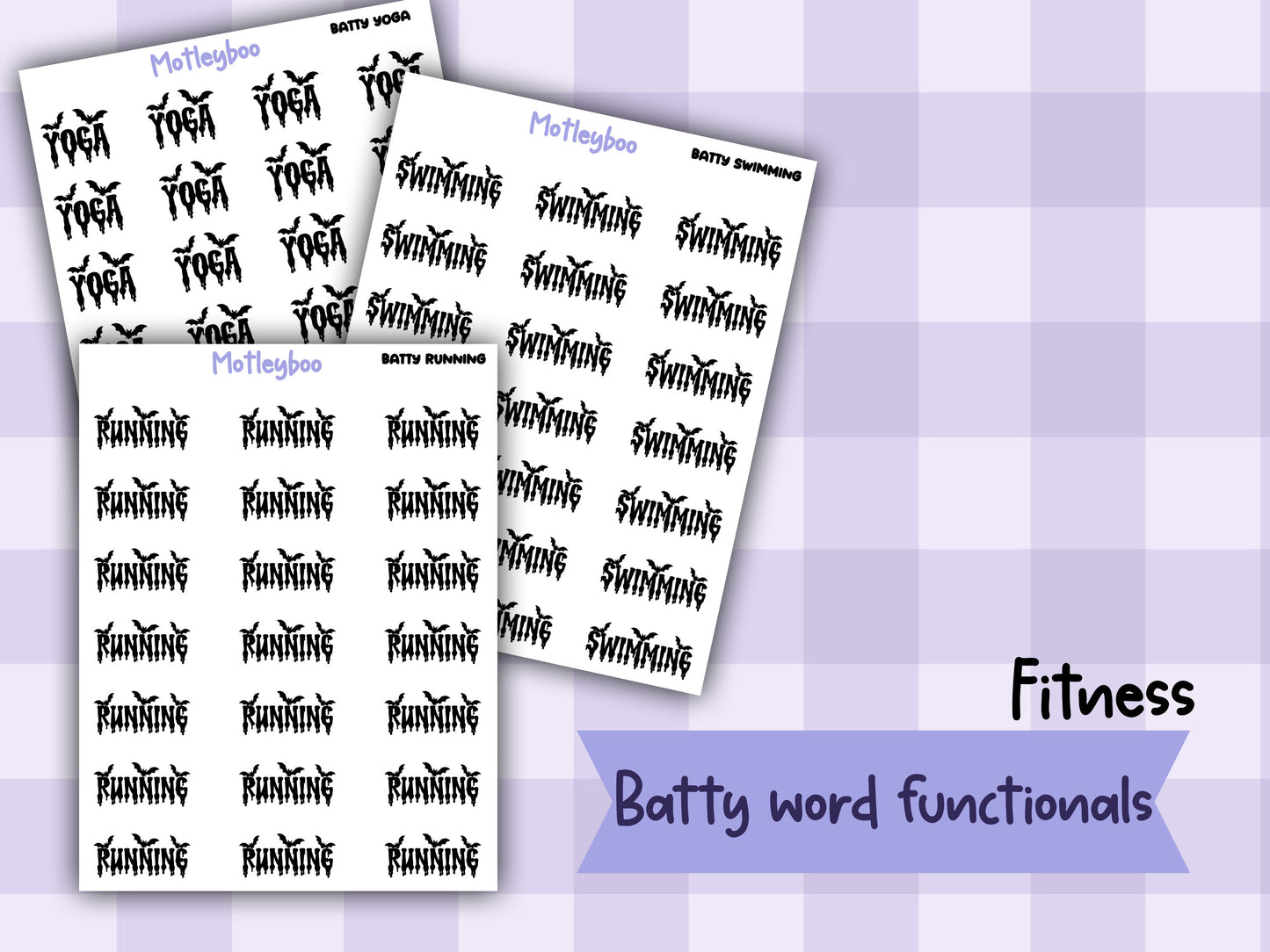 Bat Planner Stickers, Batty Words, Goth Journal Stickers, fitness functional stickers, goth planner