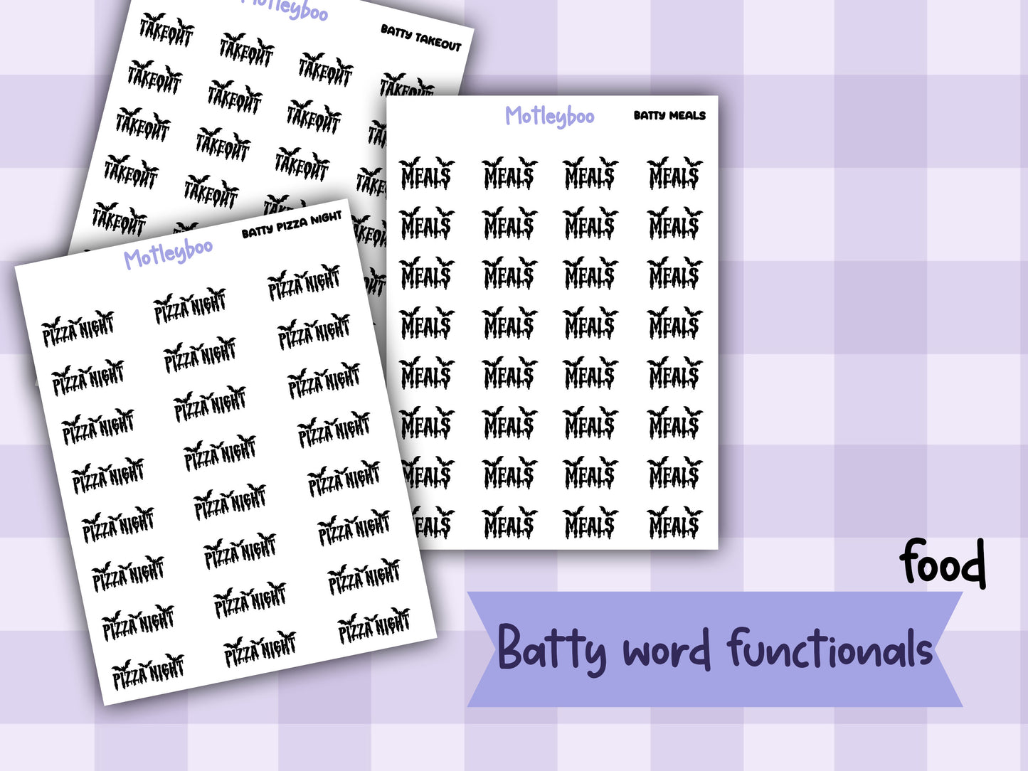 Bat Planner Stickers, Goth Spooky Food Words, Batty Range