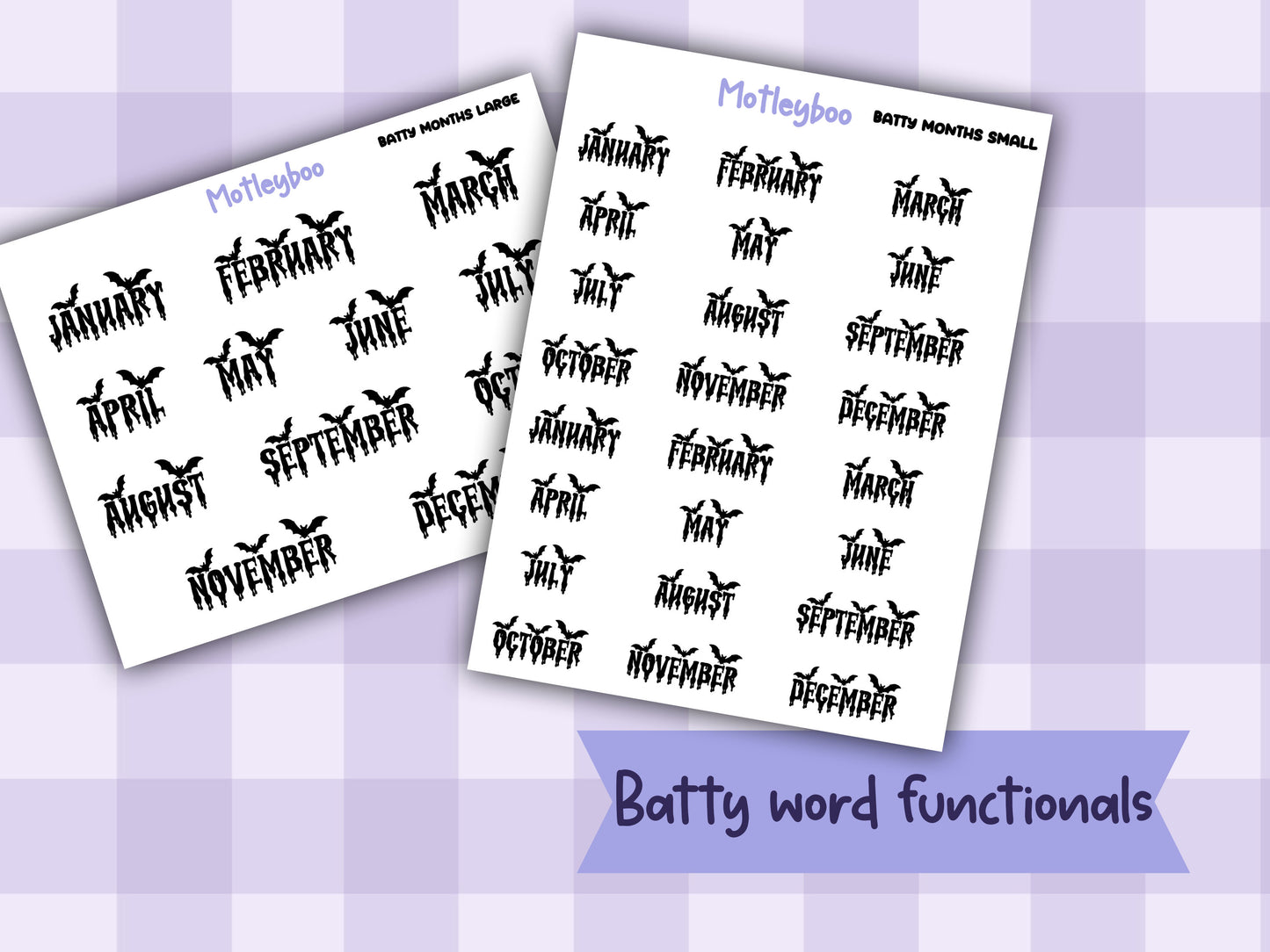 Bat Planner Stickers: Goth Script Words, Monthly Calendar (Small/Large)