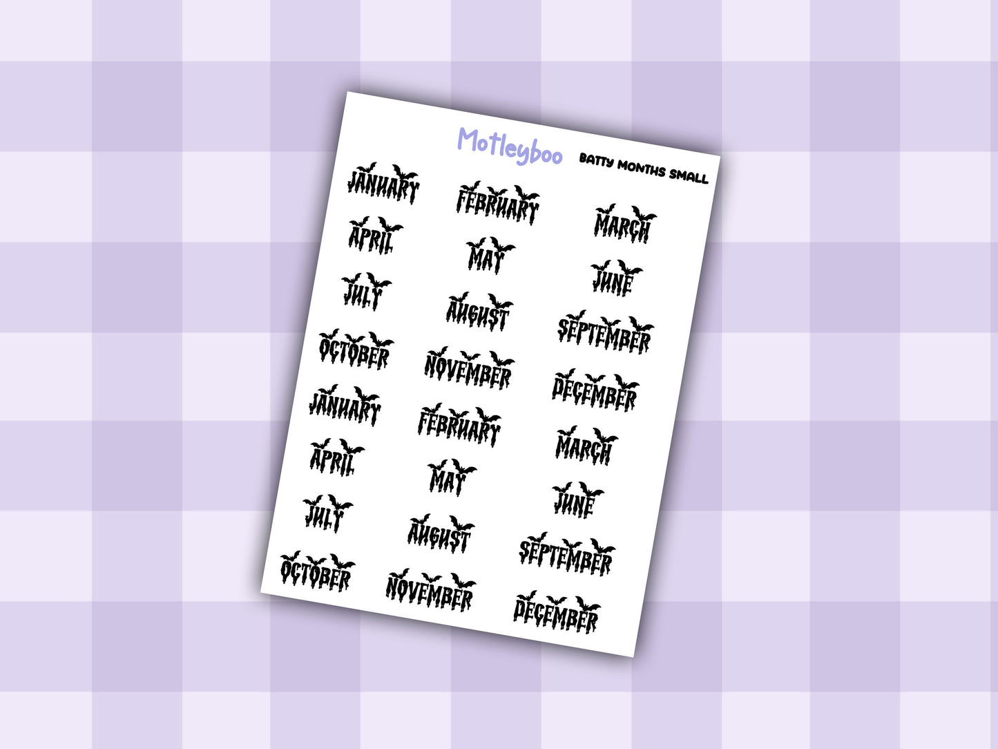 Bat Planner Stickers: Goth Script Words, Monthly Calendar (Small/Large)