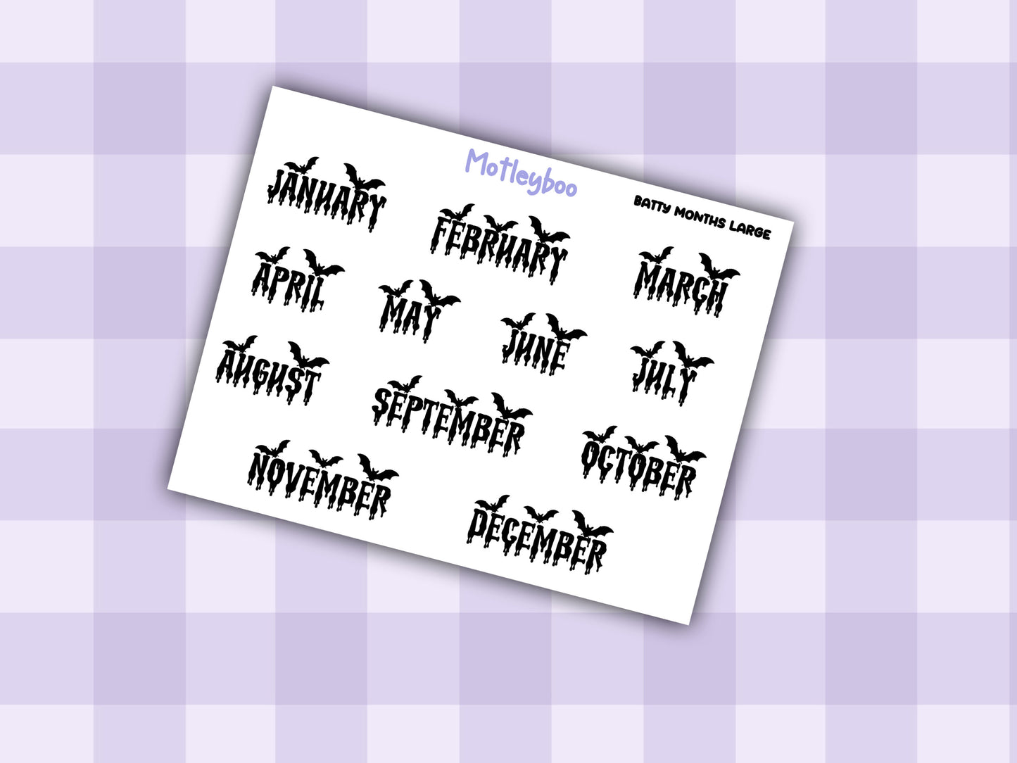 Bat Planner Stickers: Goth Script Words, Monthly Calendar (Small/Large)