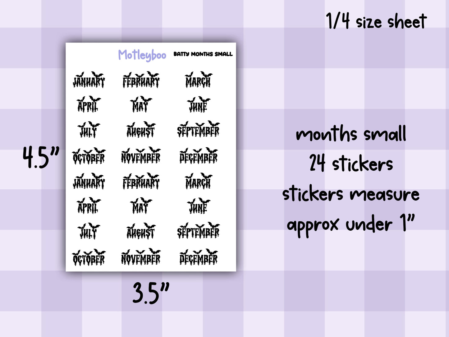 Bat Planner Stickers: Goth Script Words, Monthly Calendar (Small/Large)