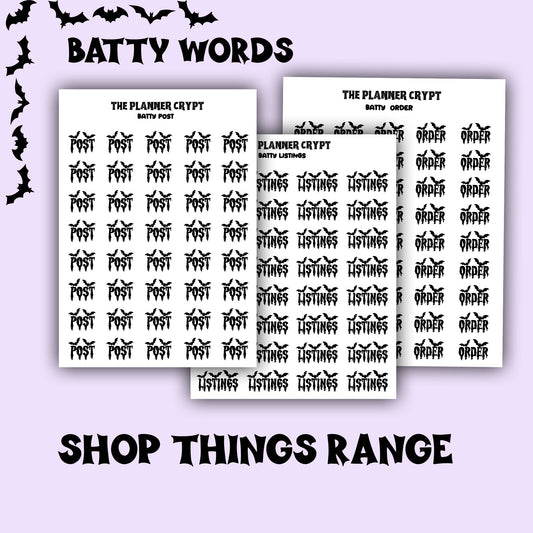 Script words, planner stickers, bats, spooky, goth planner, vertical planner, small journal, functional stickers, weekly planner, hobo week