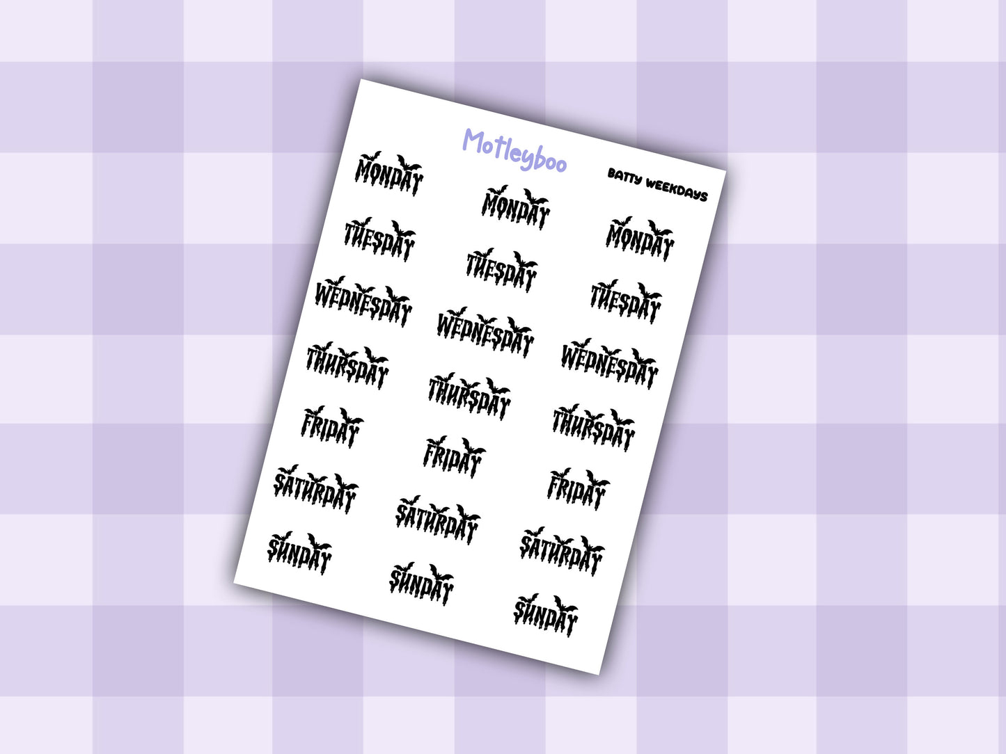 Batty Weekday functional Planner Stickers, Goth Script Words, Weekly planner, A5 planning