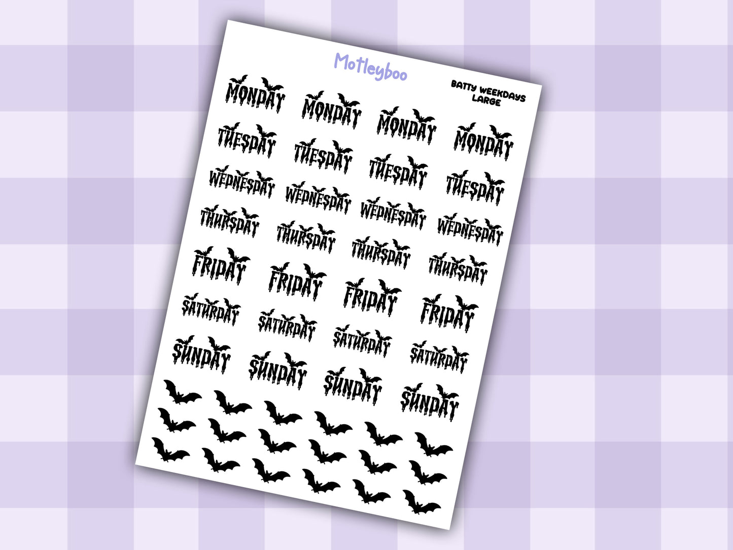 Batty Weekday functional Planner Stickers, Goth Script Words, Weekly planner, A5 planning