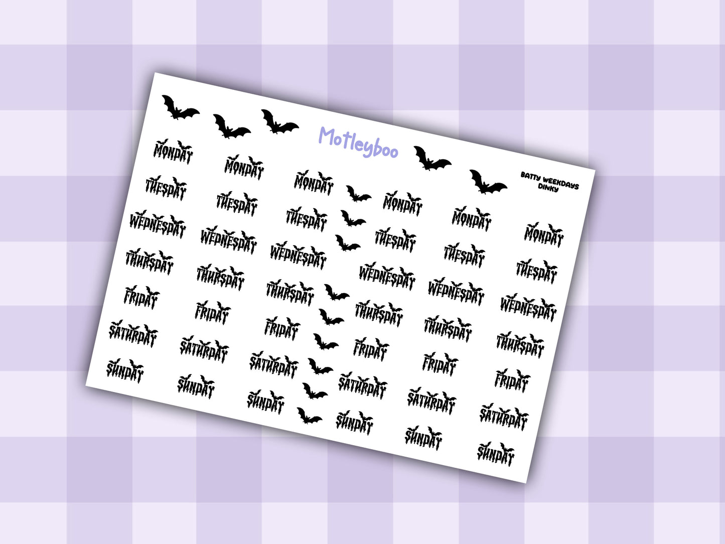 Batty Weekday functional Planner Stickers, Goth Script Words, Weekly planner, A5 planning