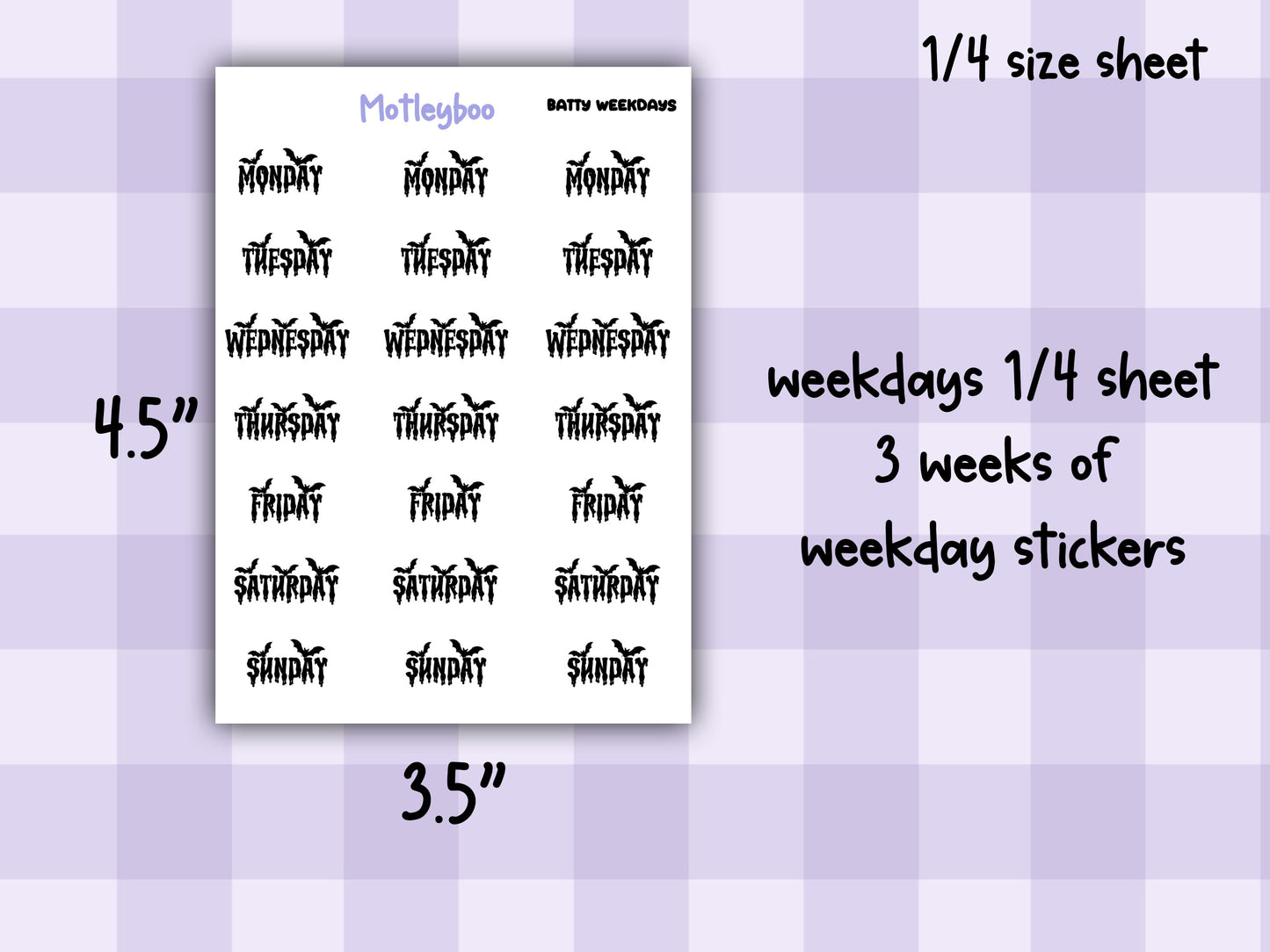 Batty Weekday functional Planner Stickers, Goth Script Words, Weekly planner, A5 planning