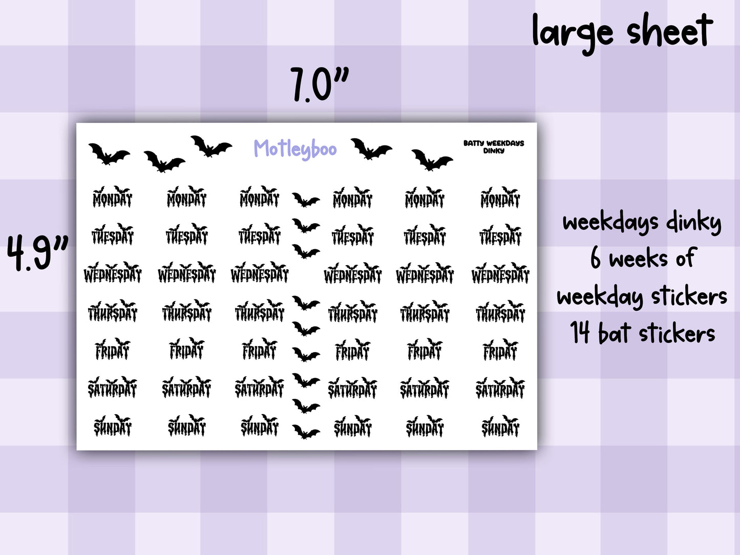 Batty Weekday functional Planner Stickers, Goth Script Words, Weekly planner, A5 planning