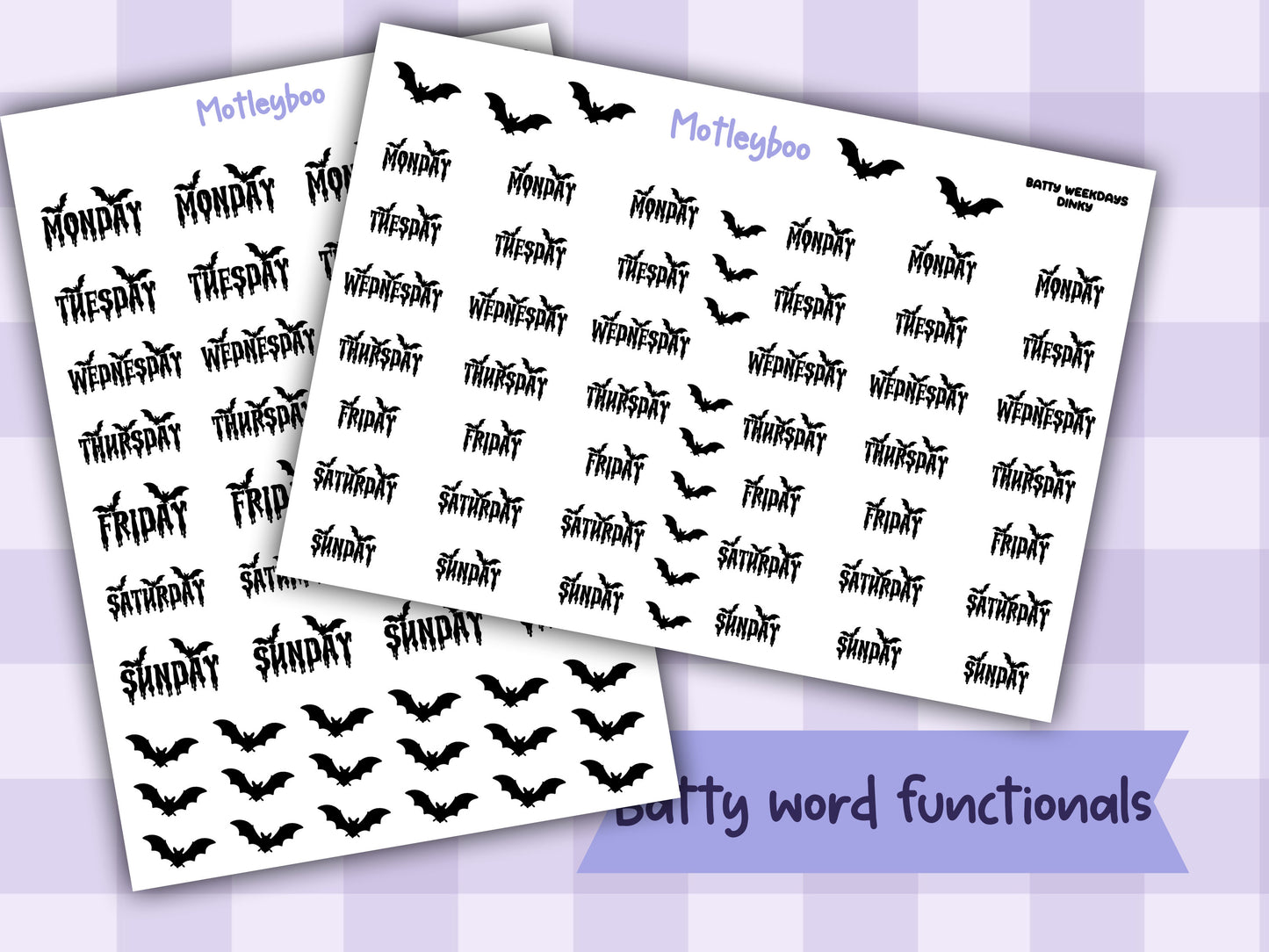 Batty Weekday functional Planner Stickers, Goth Script Words, Weekly planner, A5 planning