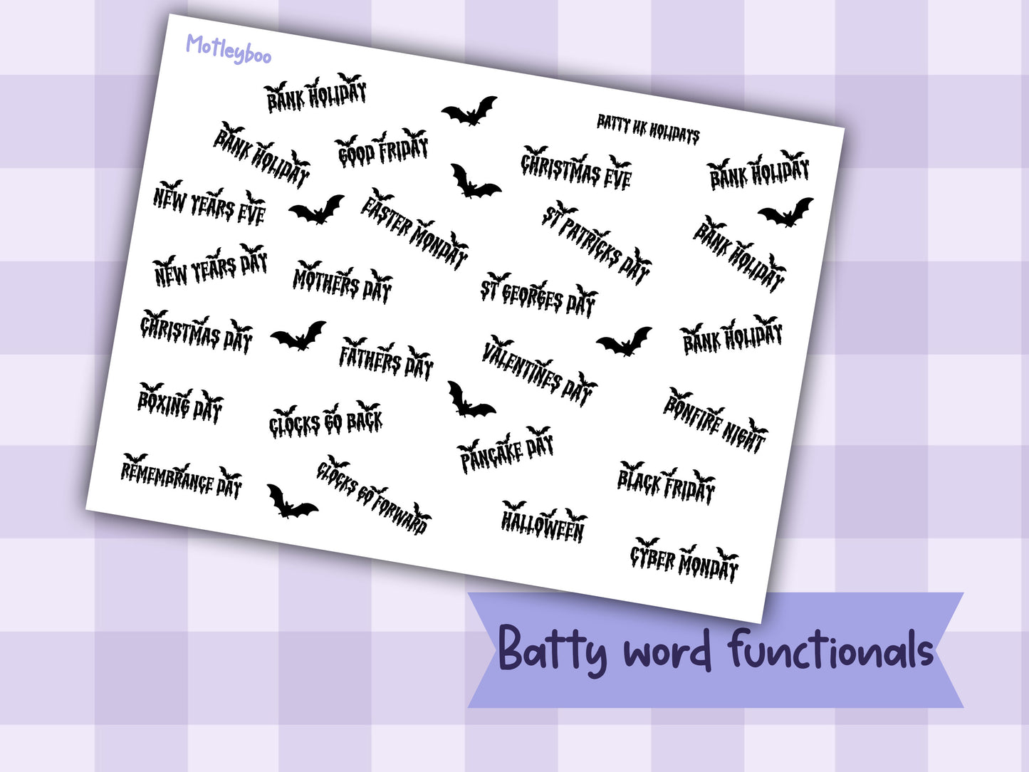 UK Holiday Planner Stickers, Gothic Bat Stickers, dates for diaries