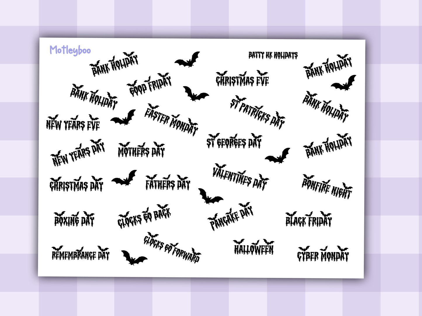 UK Holiday Planner Stickers, Gothic Bat Stickers, dates for diaries