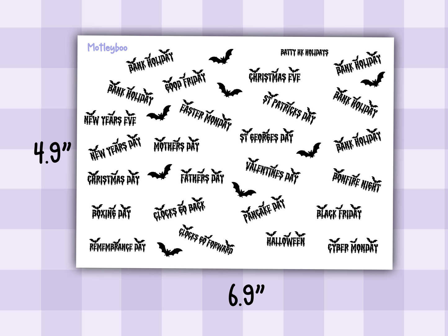 UK Holiday Planner Stickers, Gothic Bat Stickers, dates for diaries