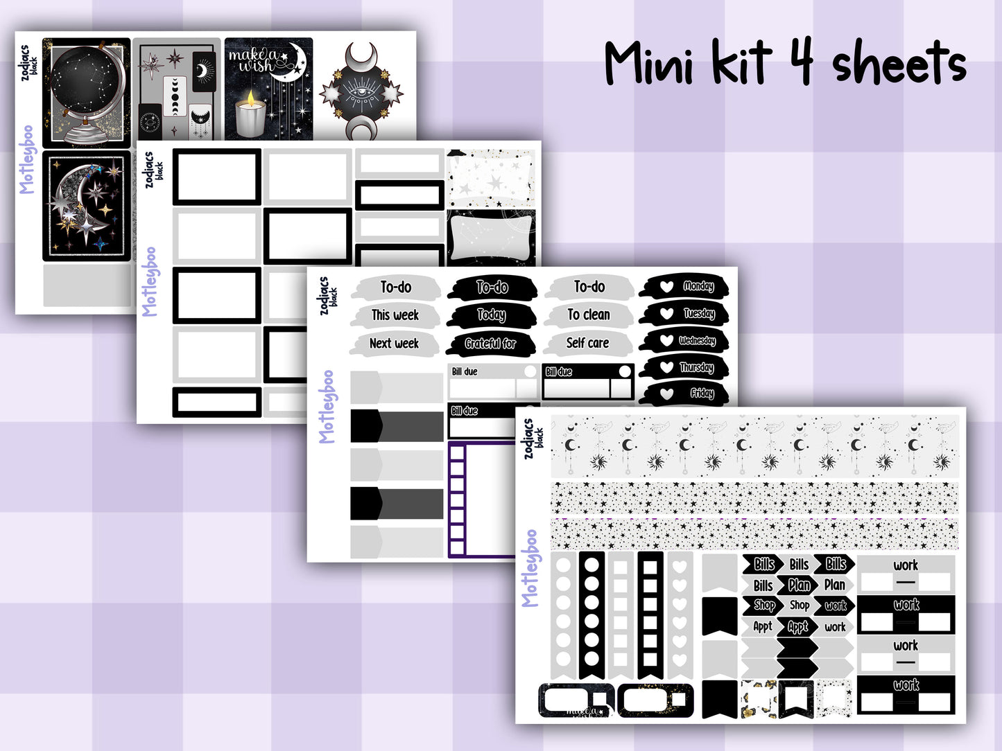 Black Zodiac Celestial Weekly Planner Sticker Kit for vertical planners, Witchy vibes