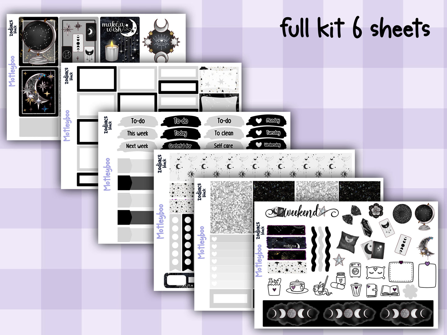 Black Zodiac Celestial Weekly Planner Sticker Kit for vertical planners, Witchy vibes