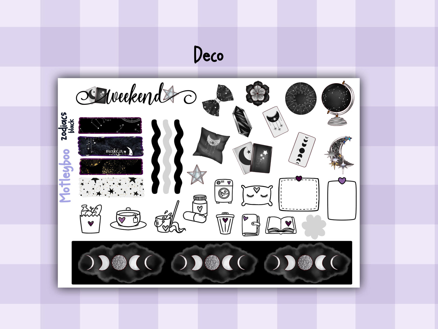 Black Zodiac Celestial Weekly Planner Sticker Kit for vertical planners, Witchy vibes