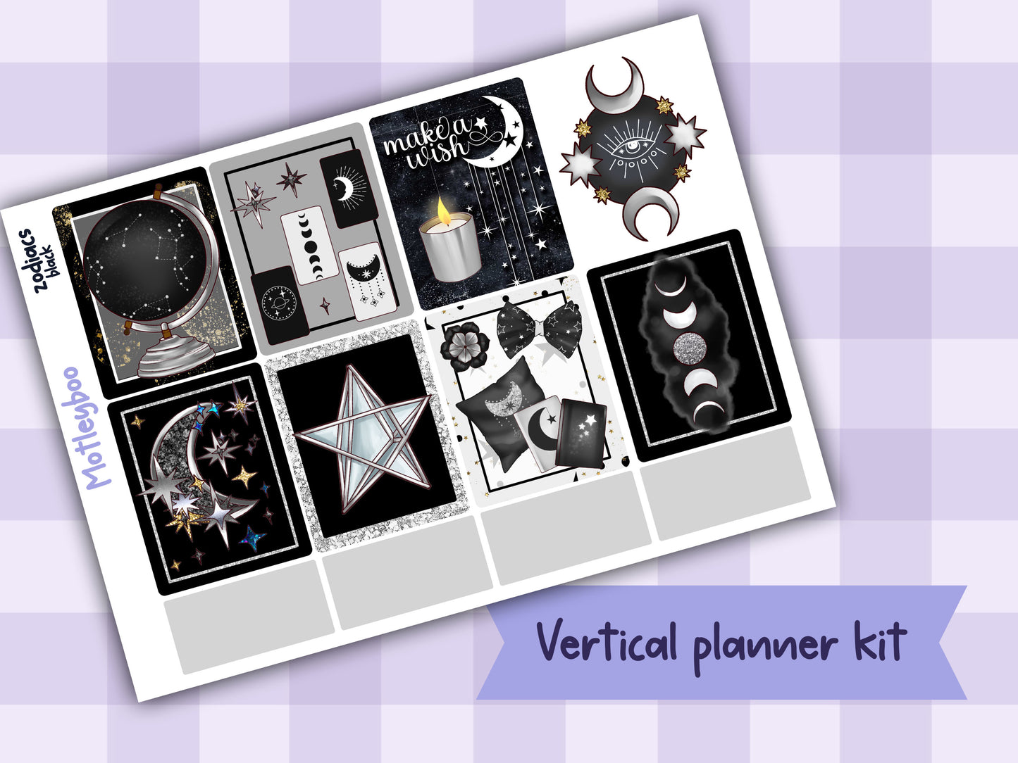 Black Zodiac Celestial Weekly Planner Sticker Kit for vertical planners, Witchy vibes