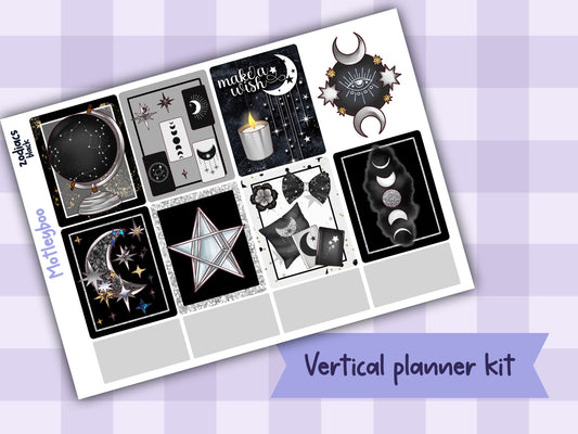 Black Zodiac Celestial Weekly Planner Sticker Kit for vertical planners, Witchy vibes