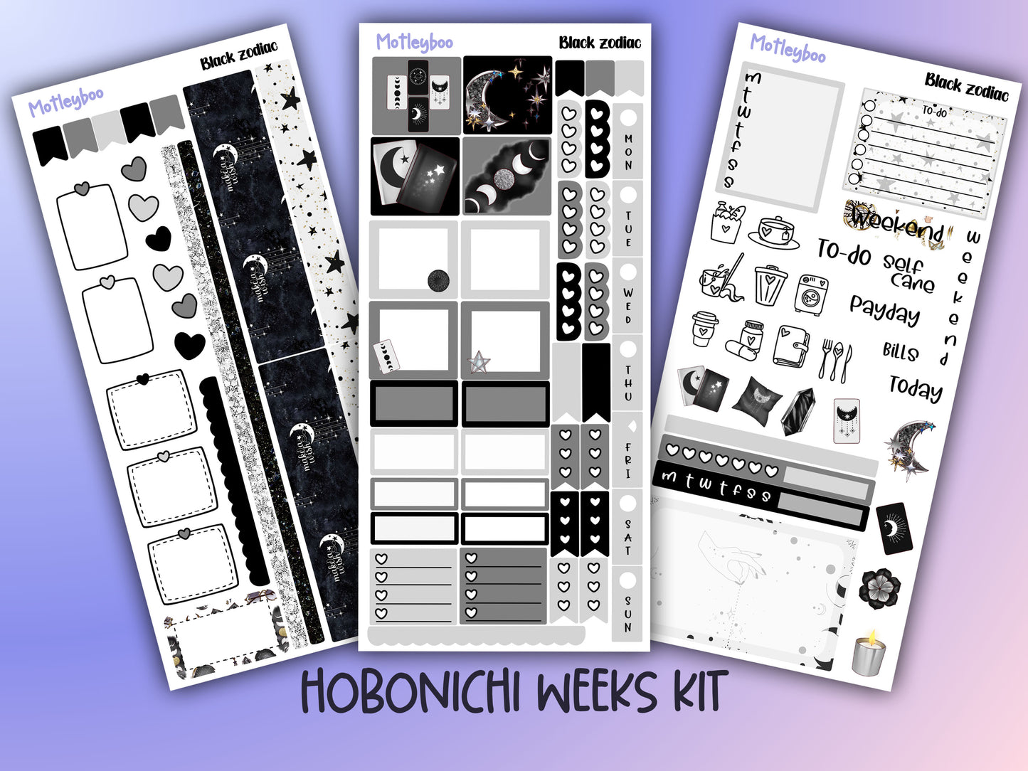 Hobonichi weeks, sticker kit, hobonichi planner, black zodiac, celestial stickers, witchy planner, hobonichi functional stickers,