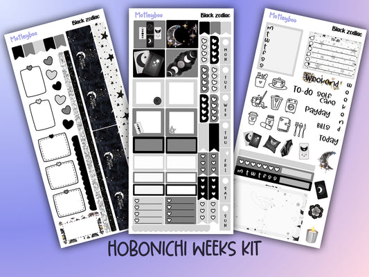 Hobonichi weeks, sticker kit, hobonichi planner, black zodiac, celestial stickers, witchy planner, hobonichi functional stickers,