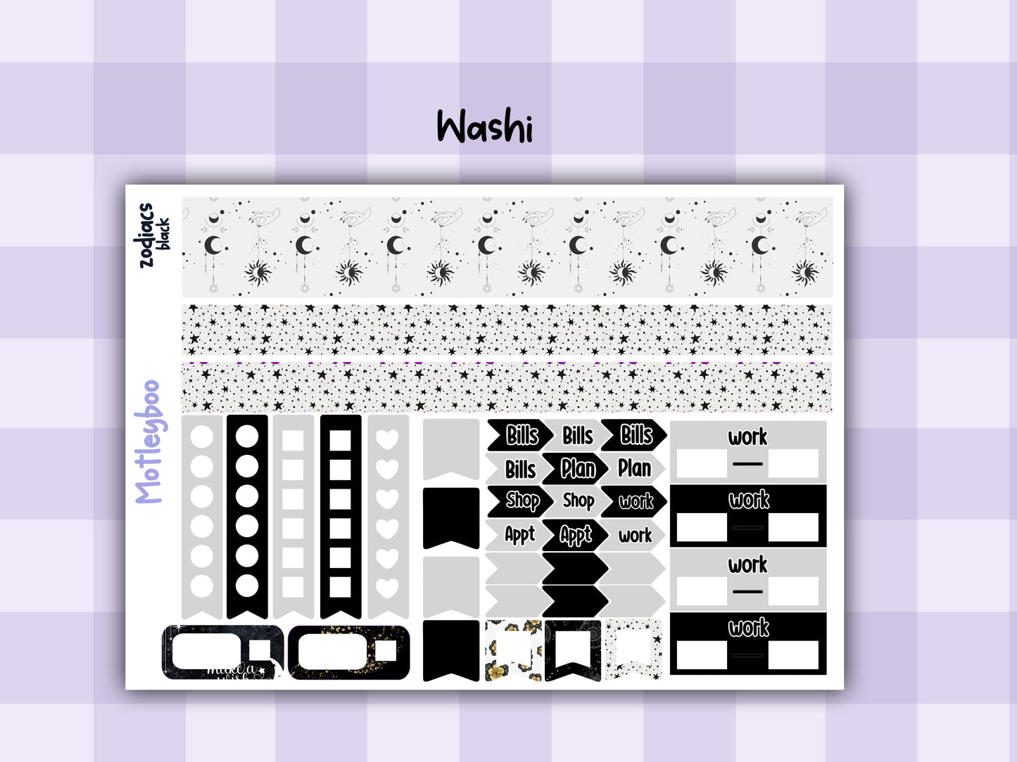Black Zodiac Celestial Weekly Planner Sticker Kit for vertical planners, Witchy vibes