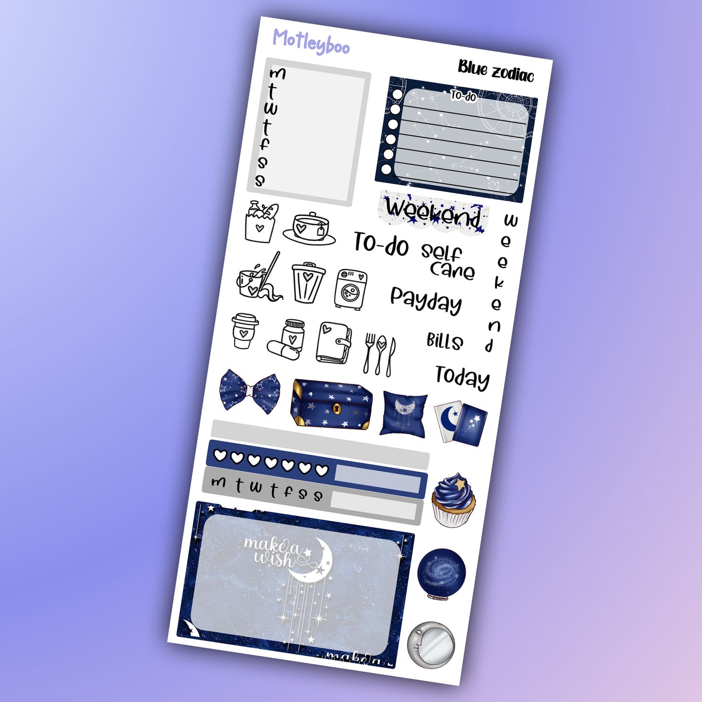 Hobonichi weeks, sticker kit, hobonichi planner, black zodiac, celestial stickers, witchy planner, hobonichi functional stickers, blue zodiac