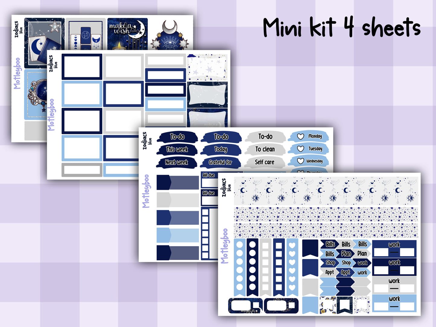 Blue Zodiac Celestial Weekly Planner Sticker Kit for vertical planners, Witchy vibes