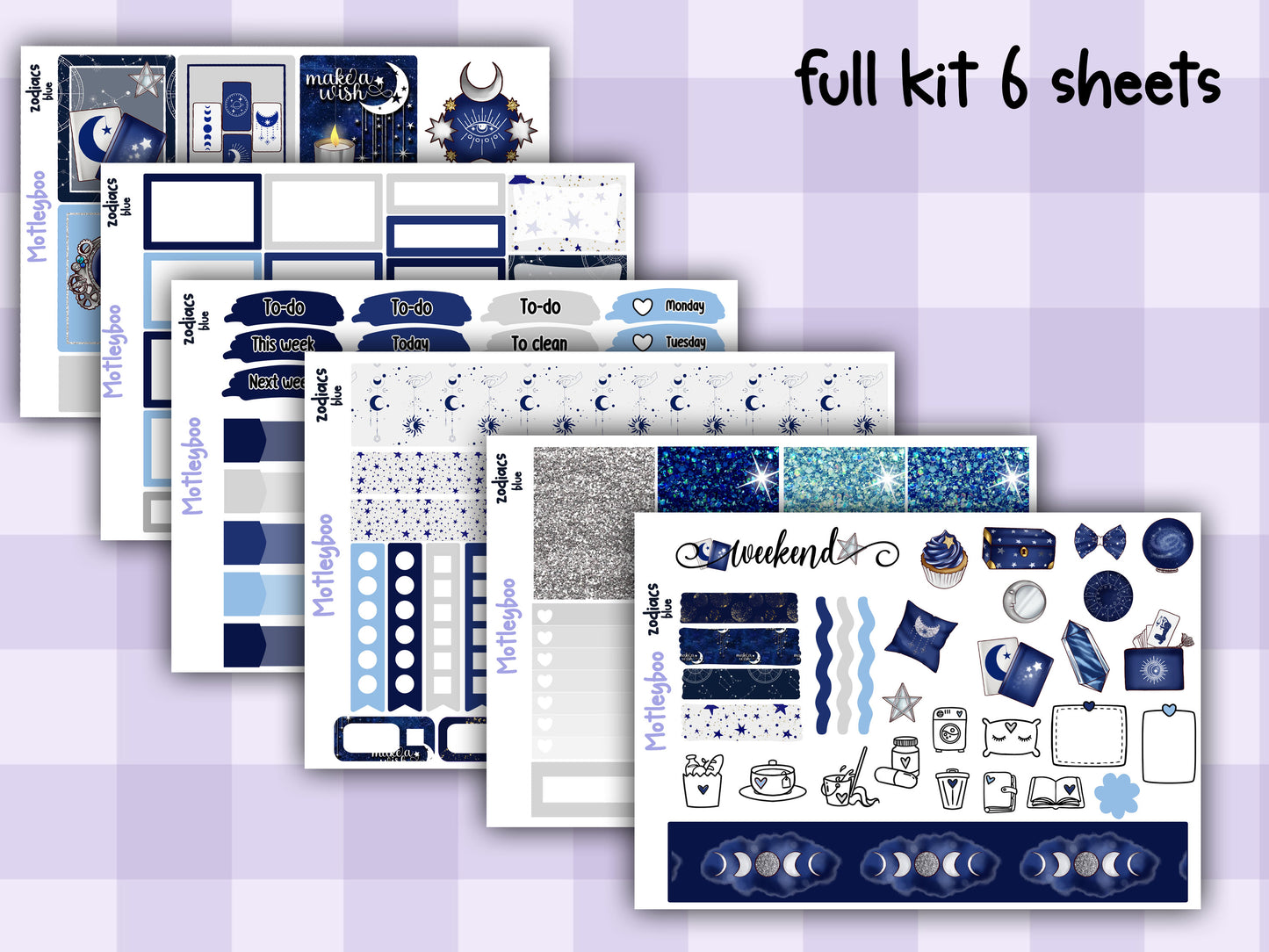 Blue Zodiac Celestial Weekly Planner Sticker Kit for vertical planners, Witchy vibes