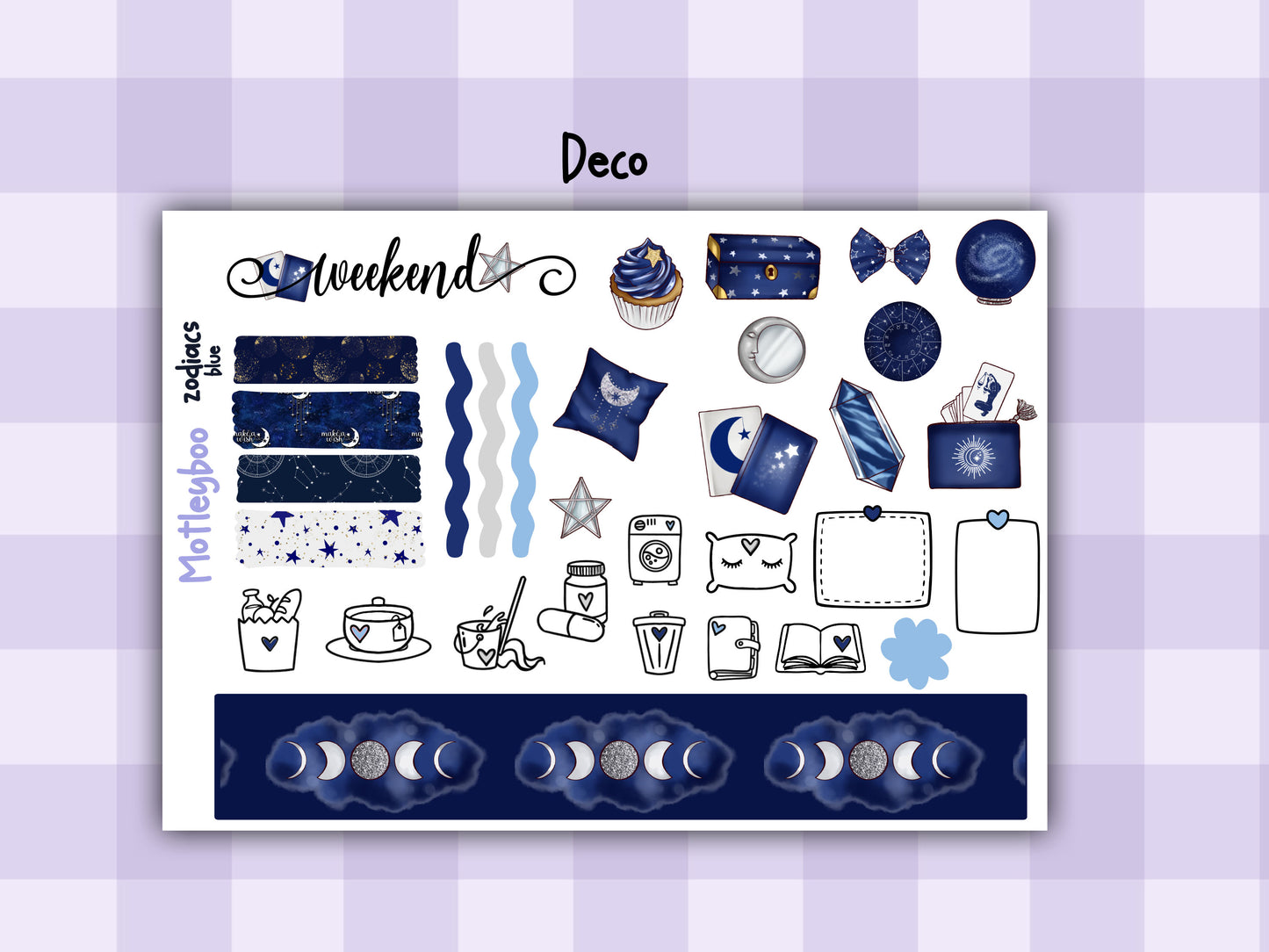 Blue Zodiac Celestial Weekly Planner Sticker Kit for vertical planners, Witchy vibes