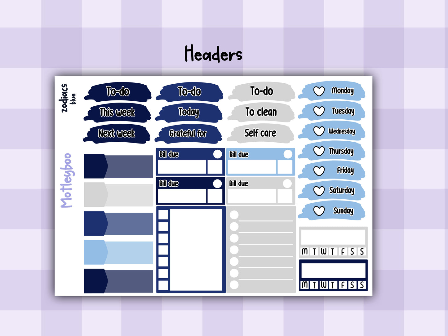 Blue Zodiac Celestial Weekly Planner Sticker Kit for vertical planners, Witchy vibes