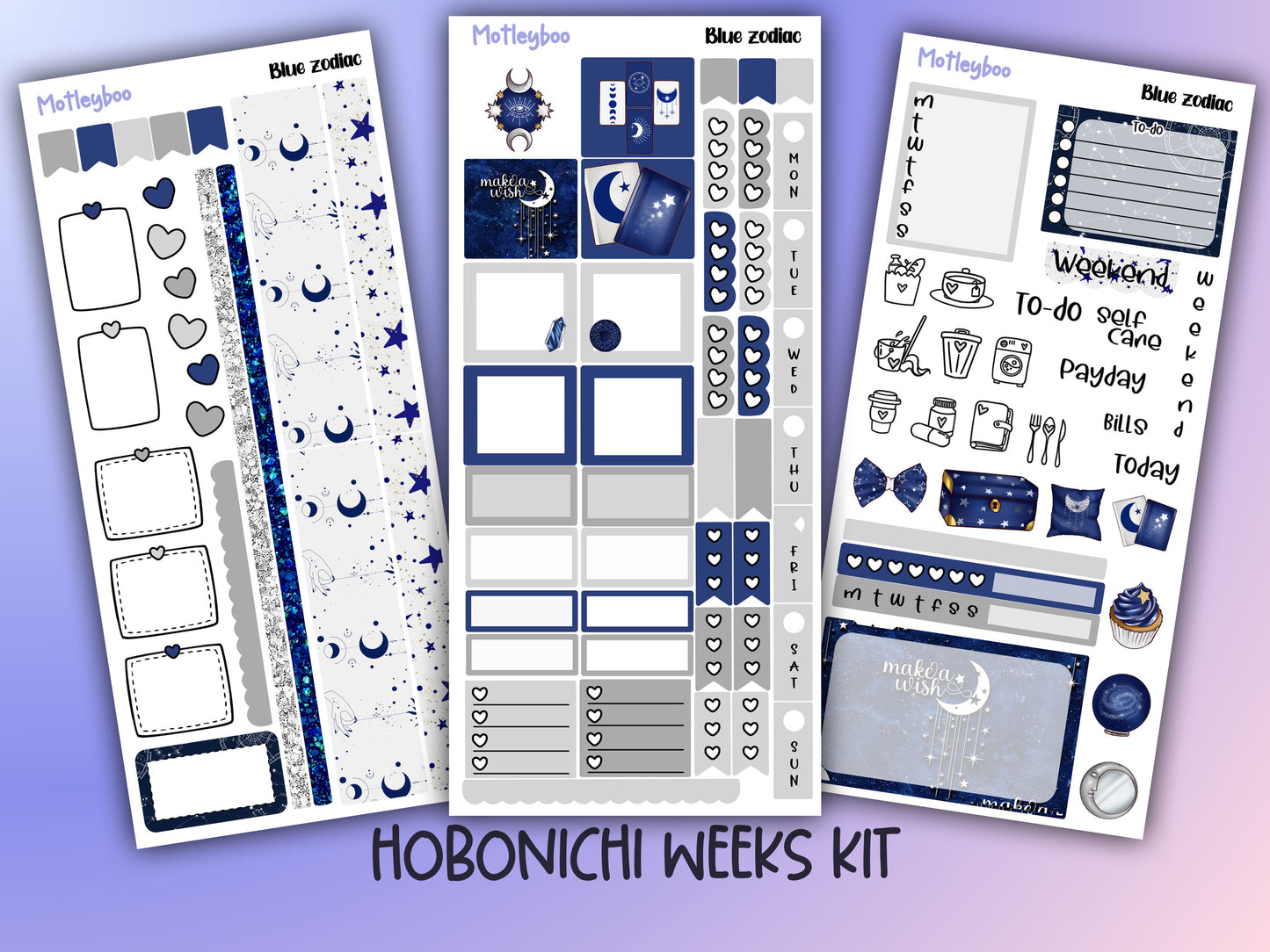 Hobonichi weeks, sticker kit, hobonichi planner, black zodiac, celestial stickers, witchy planner, hobonichi functional stickers, blue zodiac