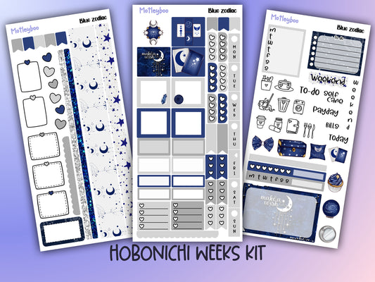 Hobonichi weeks, sticker kit, hobonichi planner, black zodiac, celestial stickers, witchy planner, hobonichi functional stickers, blue zodiac