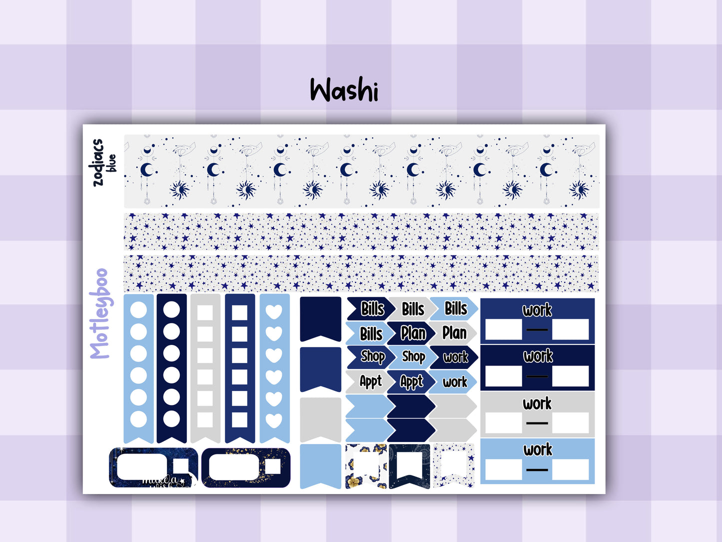 Blue Zodiac Celestial Weekly Planner Sticker Kit for vertical planners, Witchy vibes