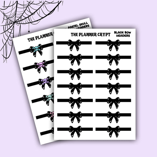 planner stickers, goth planner, pastel bows, planner sticker headers, functional stickers, skulls and bows, pastel goth,