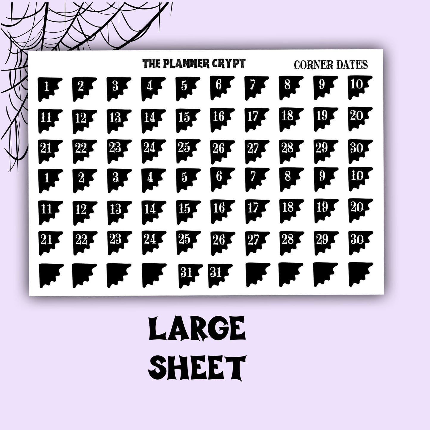 planner stickers, corner date covers, vertical planner, gothic planner, functional stickers, black and white stickers, spiderweb stickers