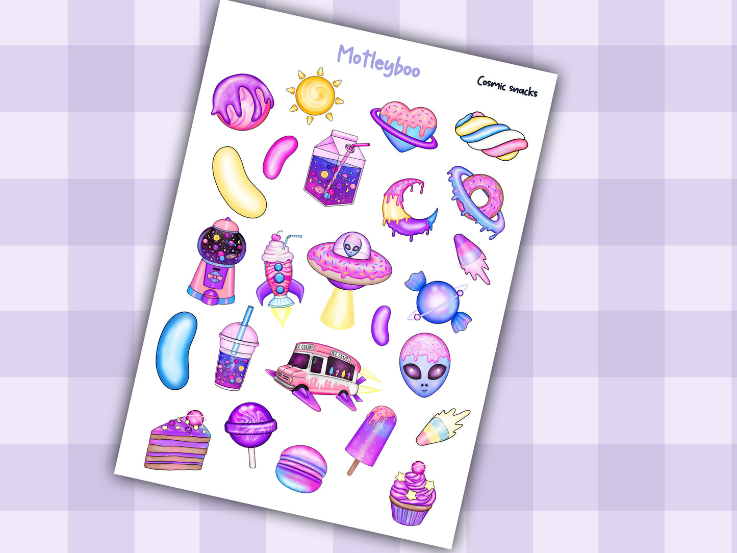 Cosmic Snacks Planner Sticker Sheet, Alien Candy, Brightly Coloured Decorations. SC-FI vibes