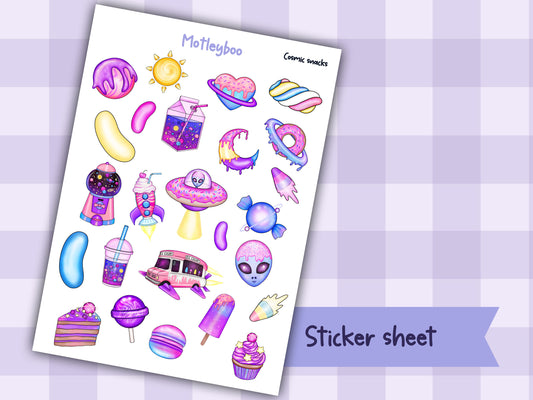 Cosmic Snacks Planner Sticker Sheet, Alien Candy, Brightly Coloured Decorations. SC-FI vibes