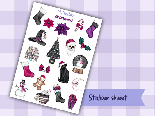 christmas sticker sheet, planner stickers, creepy stickers, vertical planner, small journal, spooky sticker sheet, gifts for christmas