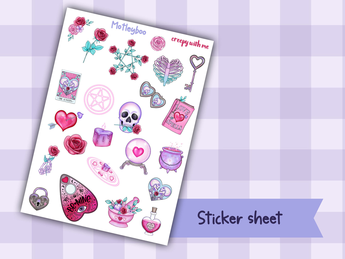 valentines day sticker sheet, spooky love stickers, spooky stickers, goth planner, creepy with me