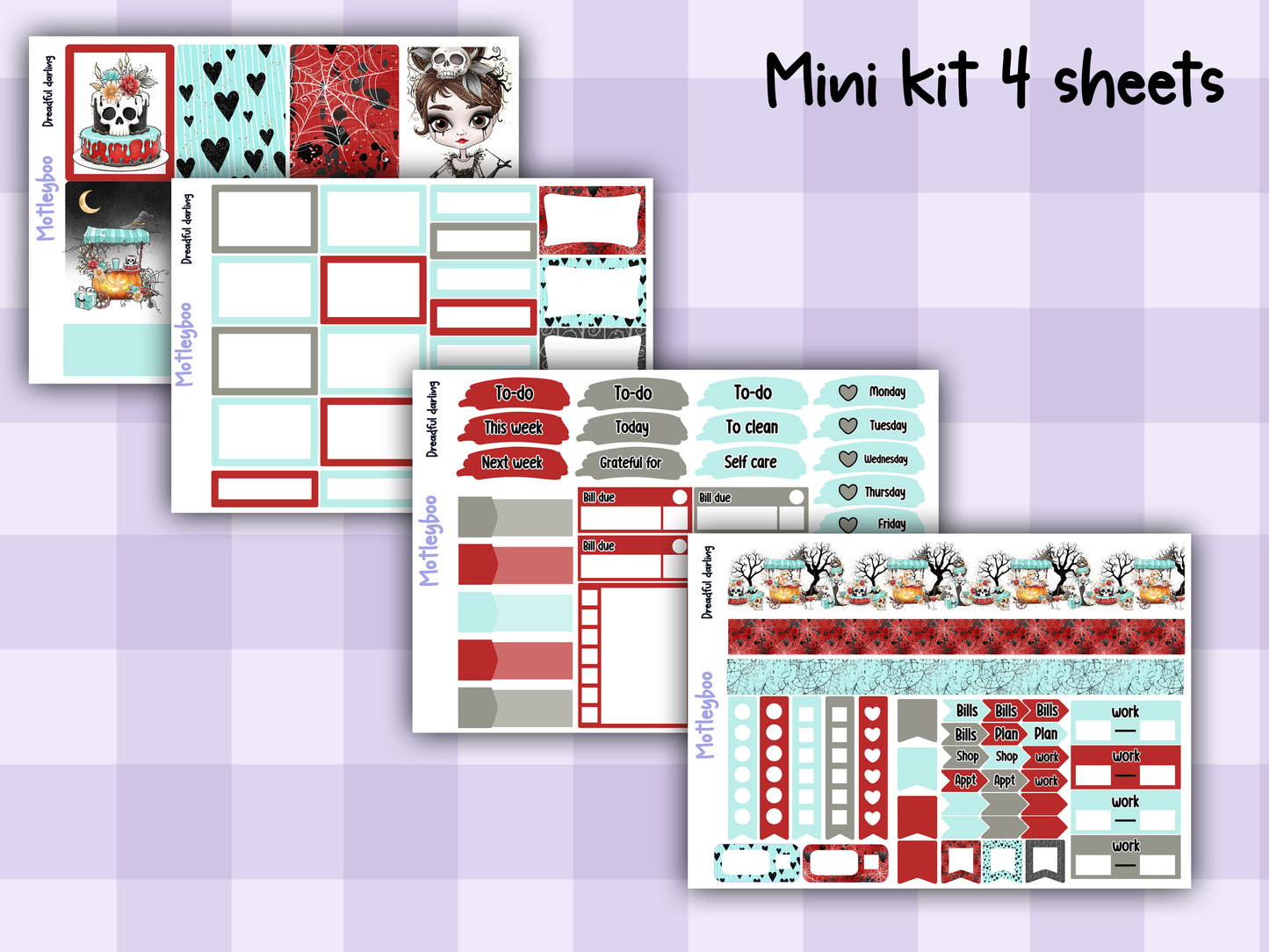 Vertical weekly planner kit, Spooky Halloween vibe, Gothic planning. dreadful darling