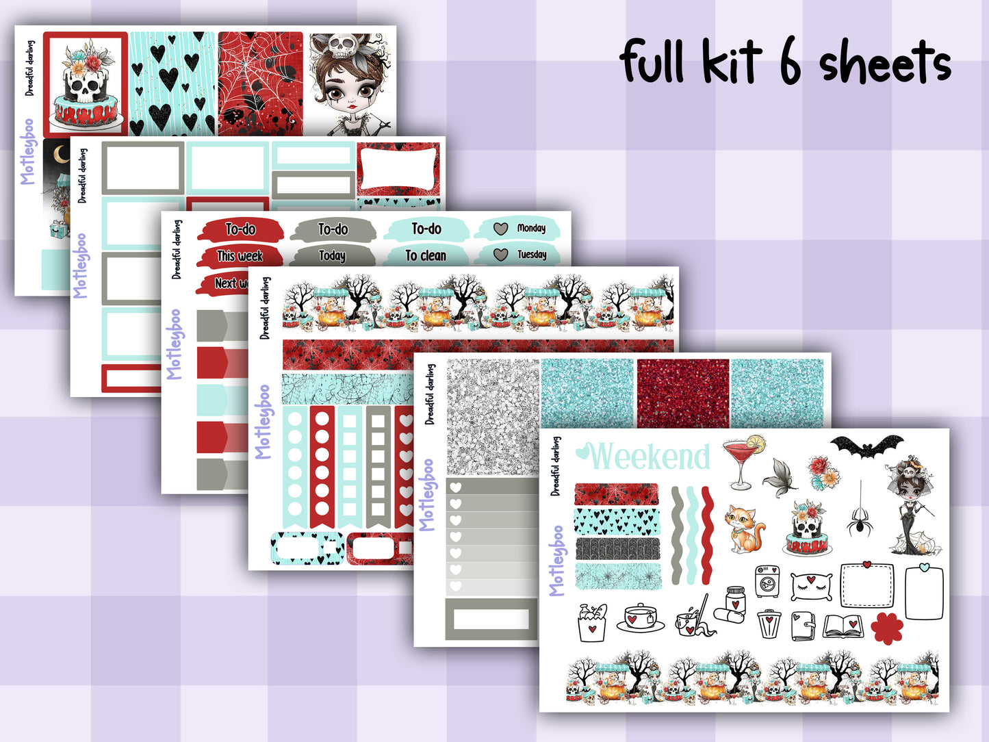 Vertical weekly planner kit, Spooky Halloween vibe, Gothic planning. dreadful darling