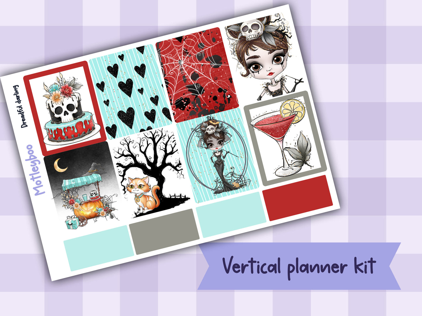 Vertical weekly planner kit, Spooky Halloween vibe, Gothic planning. dreadful darling