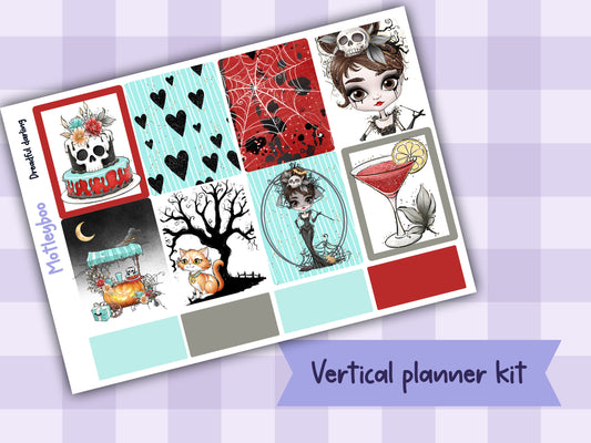 Vertical weekly planner kit, Spooky Halloween vibe, Gothic planning. dreadful darling
