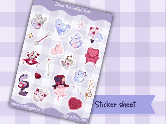 Down the rabbit hole Sticker sheet, gifts for book lovers, Alices adventures in wonderland theme, cute and spooky bookish gift, book club