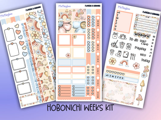 Hobonichi weeks kit, weekly sticker kit, hobonichi planner, spring stickers, cottagecore, petals n shrooms