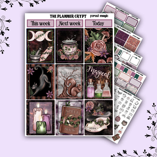 weekly planner sticker kit, planner stickers, goth stickers, spooky sticker kit, vertical planner, magical stickers, forest magic