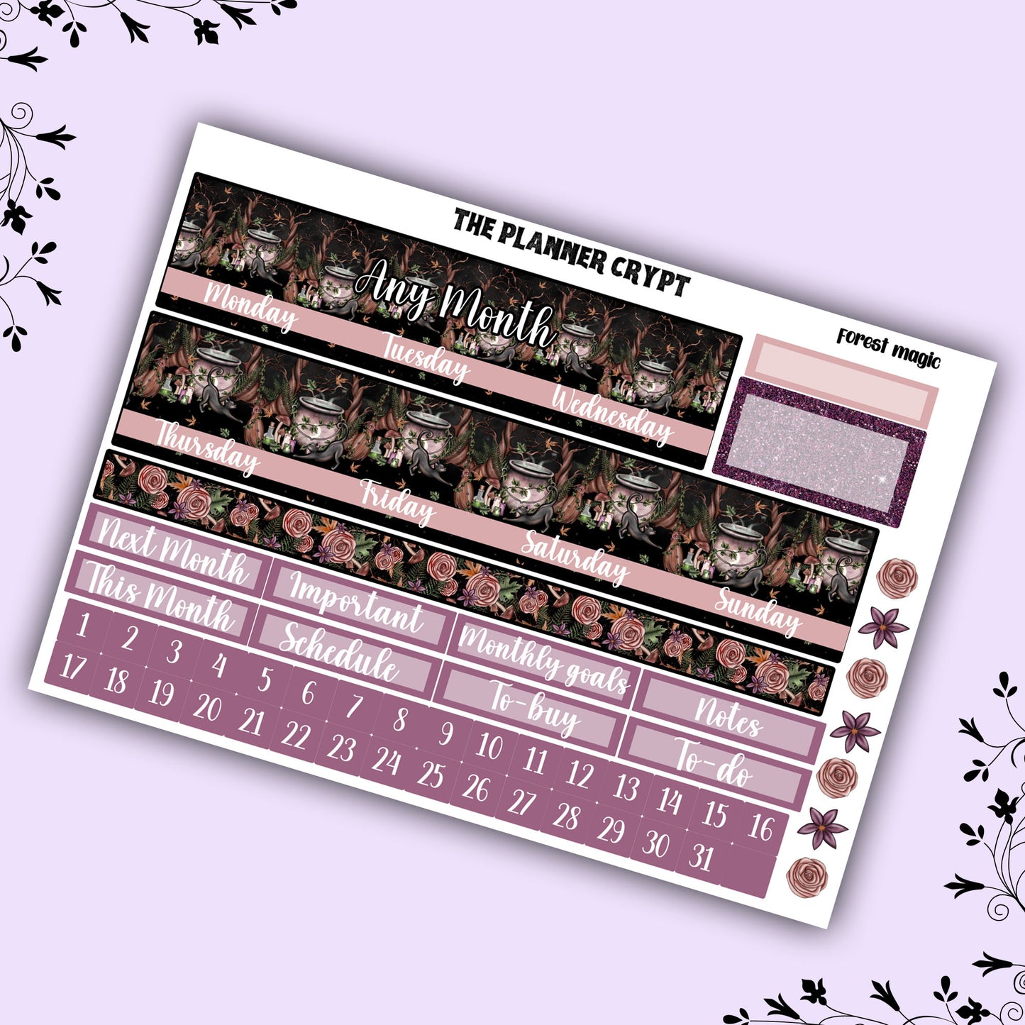 Monthly planner sticker kit, forest witch
