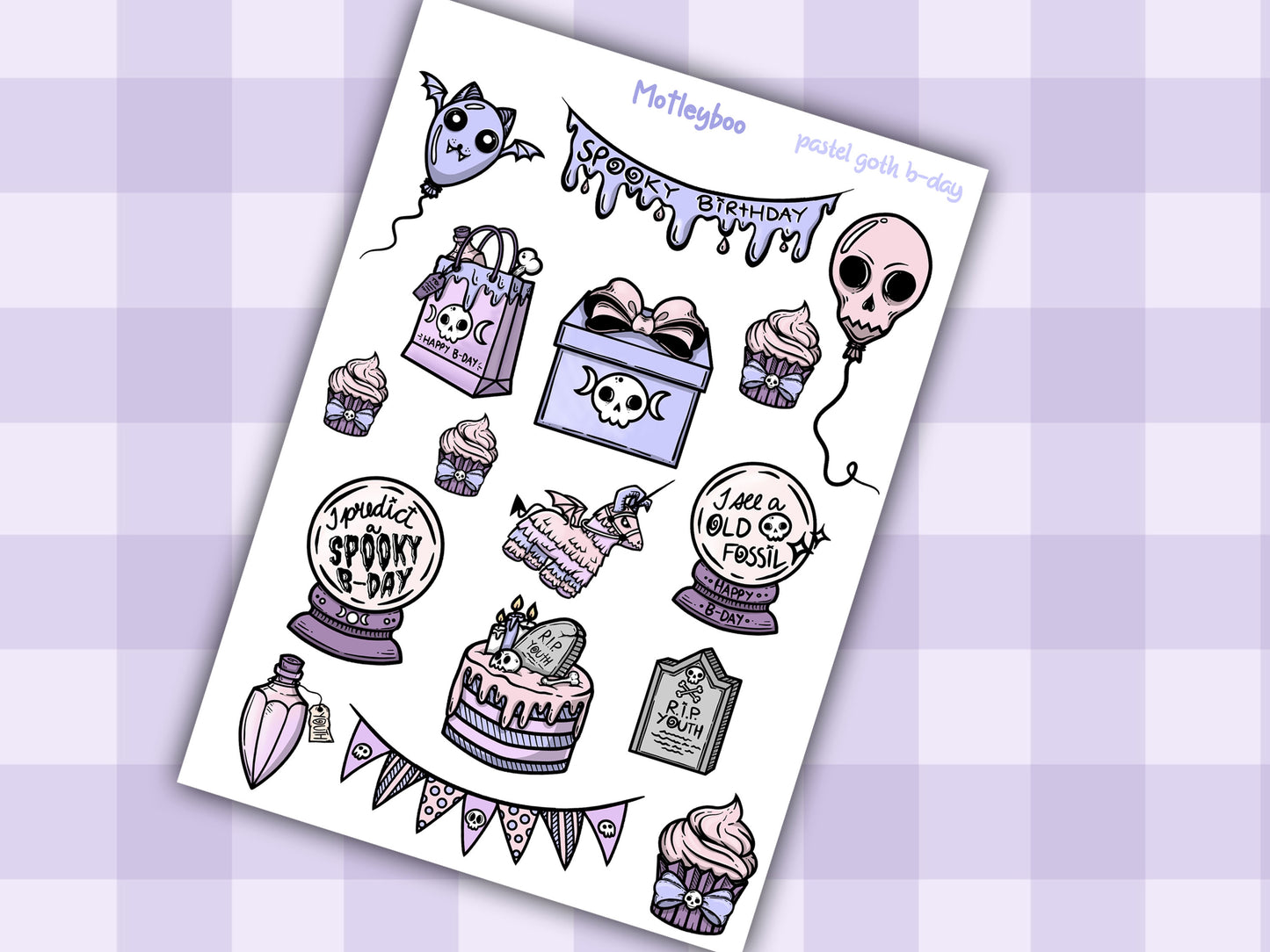 planner sticker sheet, birthday stickers, spooky stickers, goth birthday, gifts for her, vertical planner, stickers, gothic planner