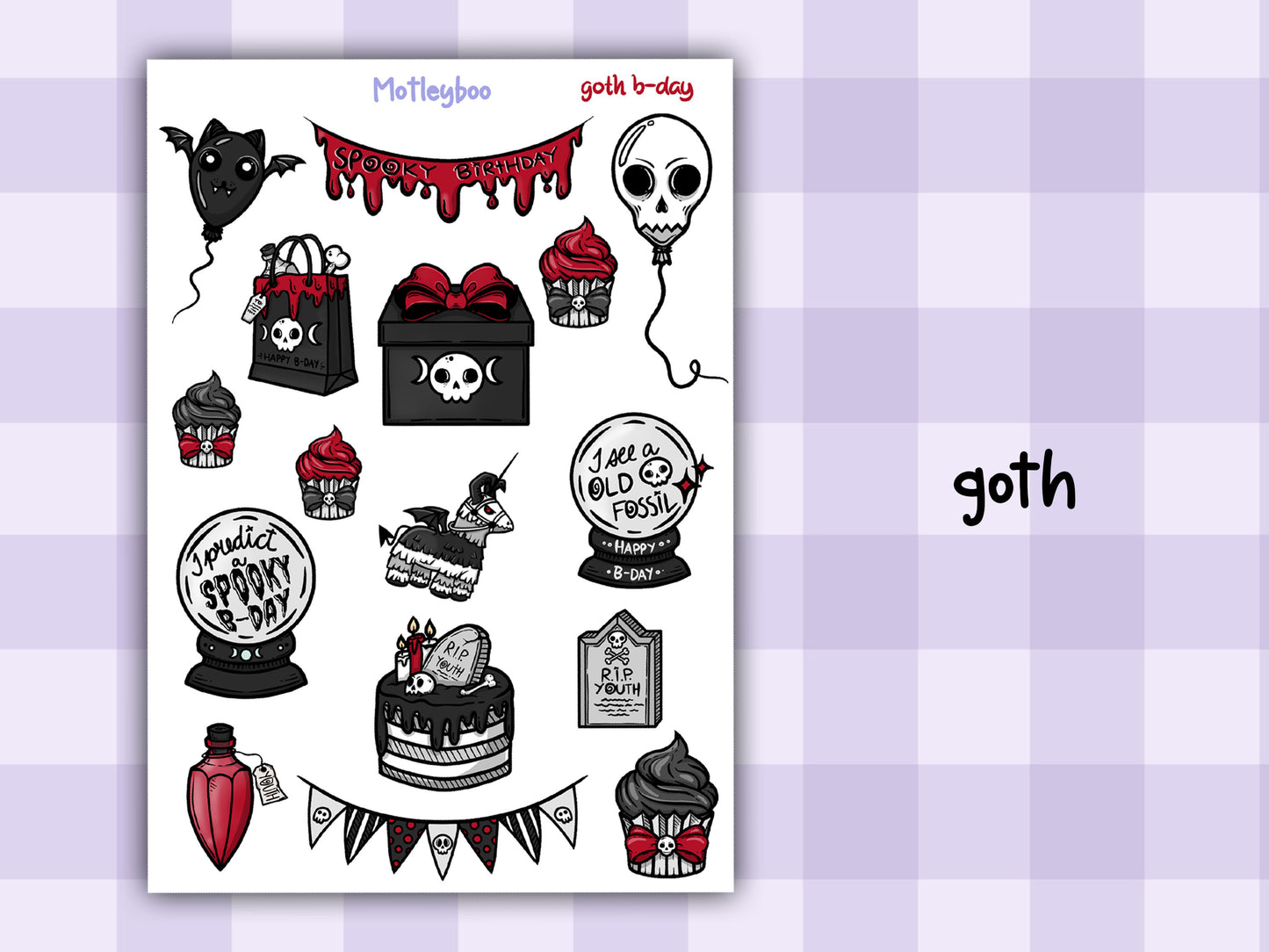 planner sticker sheet, birthday stickers, spooky stickers, goth birthday, gifts for her, vertical planner, stickers, gothic planner