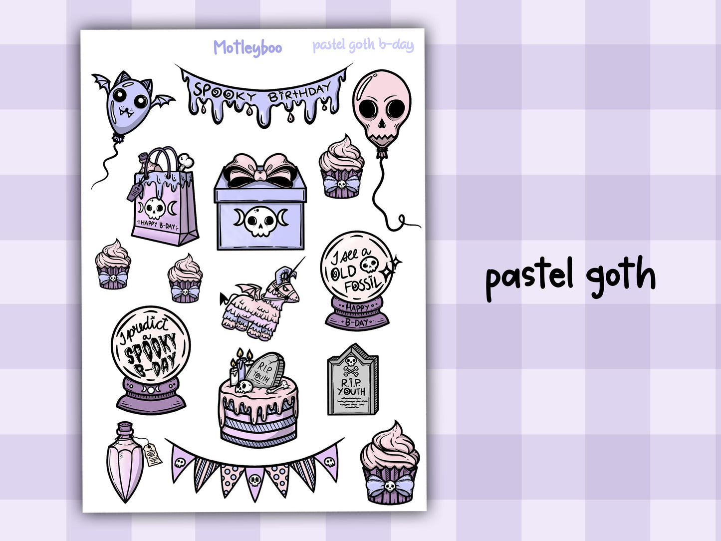planner sticker sheet, birthday stickers, spooky stickers, goth birthday, gifts for her, vertical planner, stickers, gothic planner