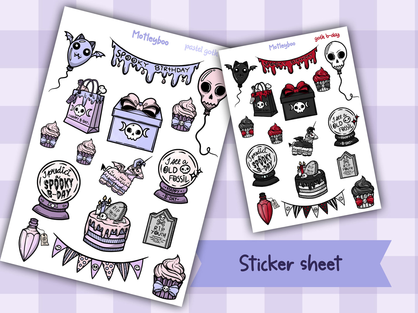 planner sticker sheet, birthday stickers, spooky stickers, goth birthday, gifts for her, vertical planner, stickers, gothic planner